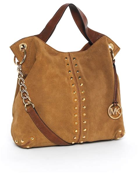 michael kors black bag with brown handles|brown suede michael kors handbags.